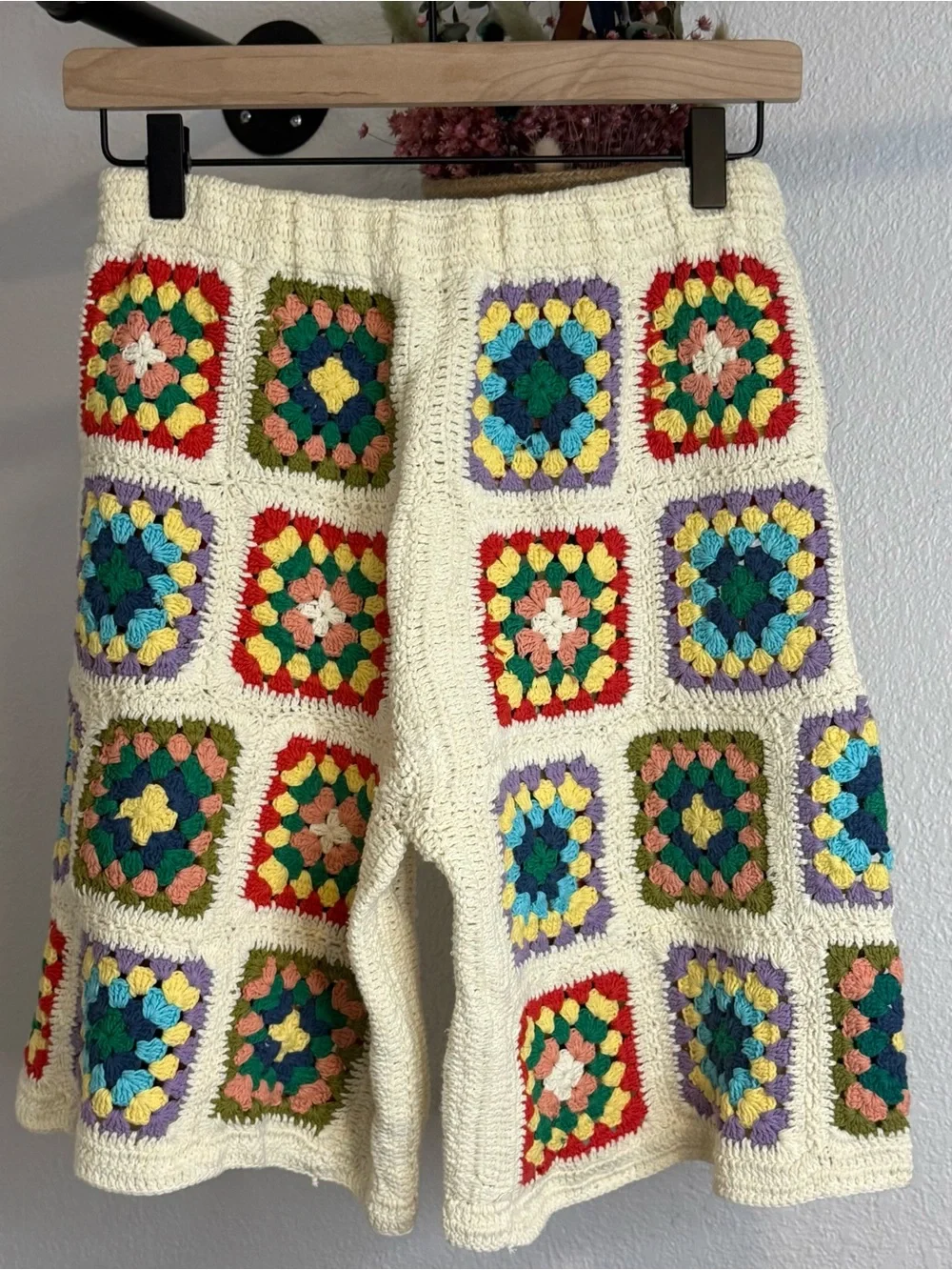 Free People x Flook Crocheted Granny Square Long Shorts Artisan Made Bali